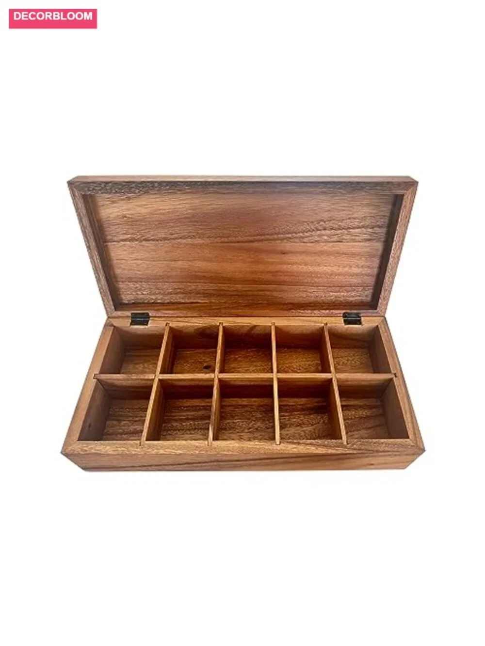 XL Acacia Wood Tea Storage Box with 10 Compartments Multipurpose Organizer